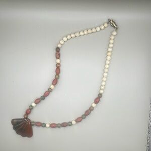 Handcrafted Red, Green, & White Beaded Necklace with Shell Pendant